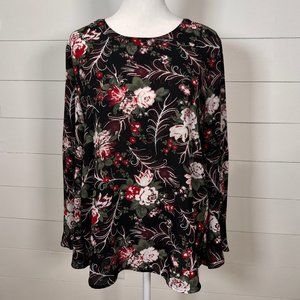 Loft Outlet Long Sleeve Sheer Black Red and White Floral Blouse Size M